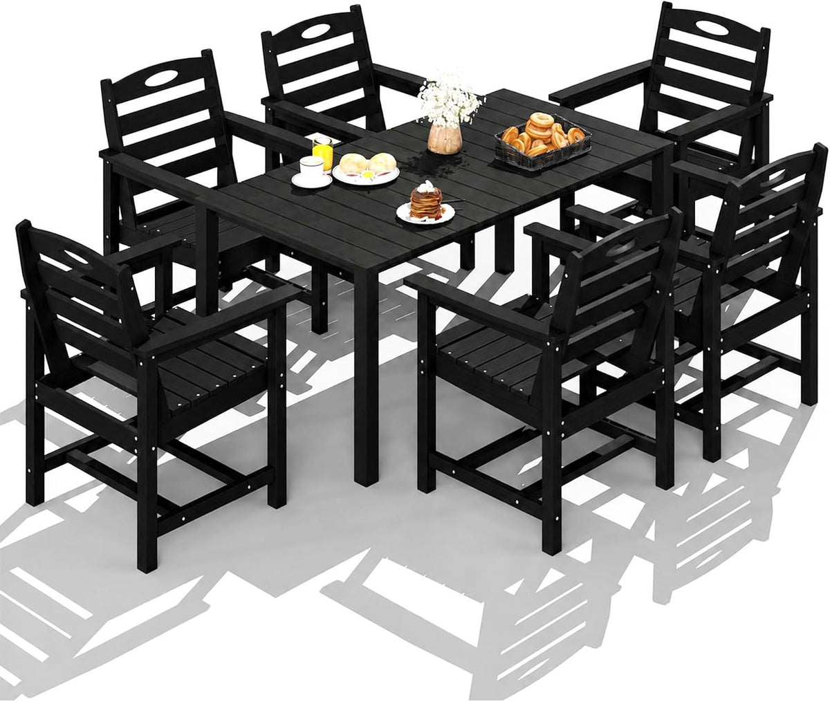HDPE Outdoor Dining Set, All-Weather 7 Piece Outdoor Dining Table Set with 2' Umbrella Hole, Outdoor Patio Dining Set for Garden, Poolside, Backyard, Deck, Black