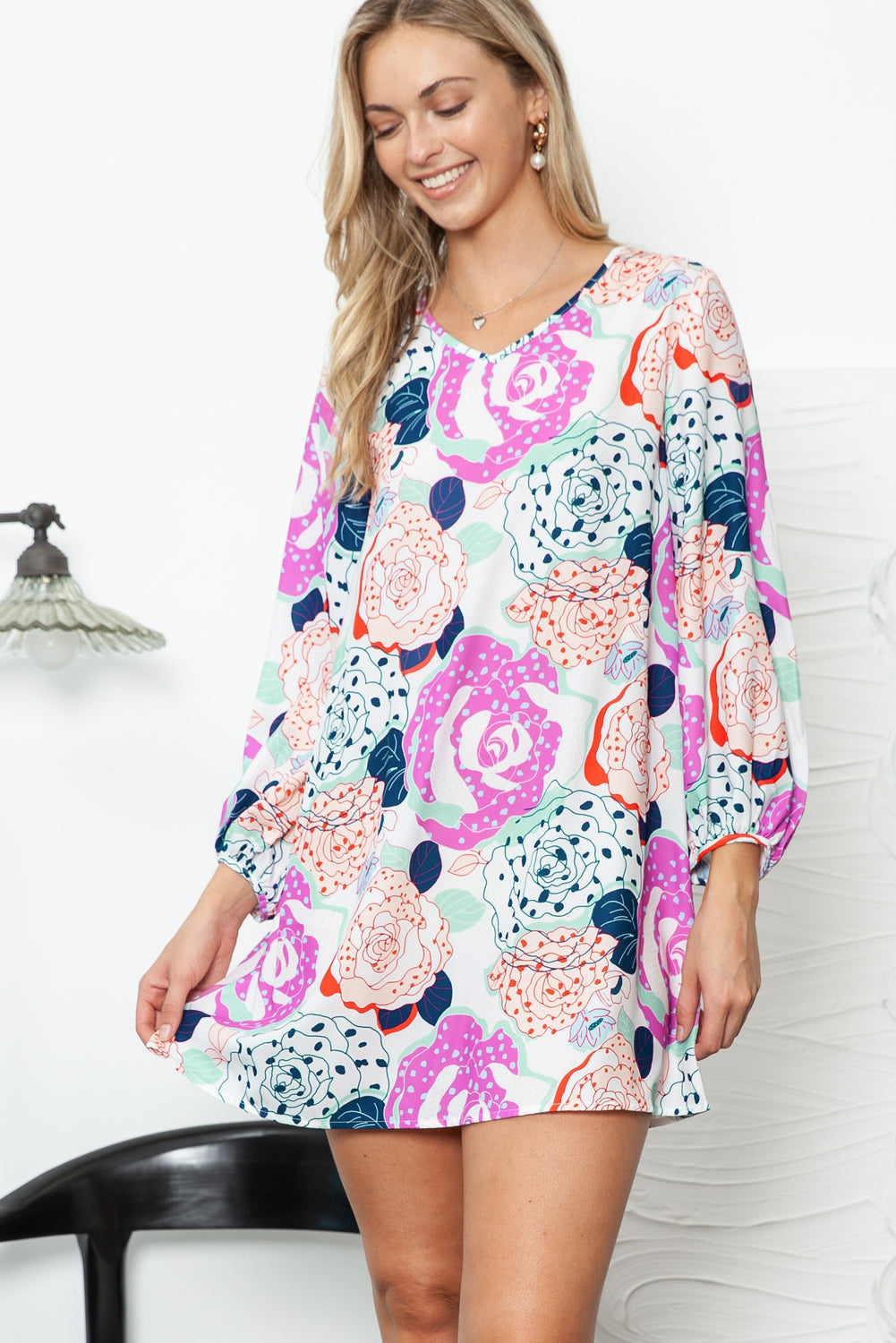 Multicolor Floral Print V Neck Bohemian Tunic Dress - Eloy Royal