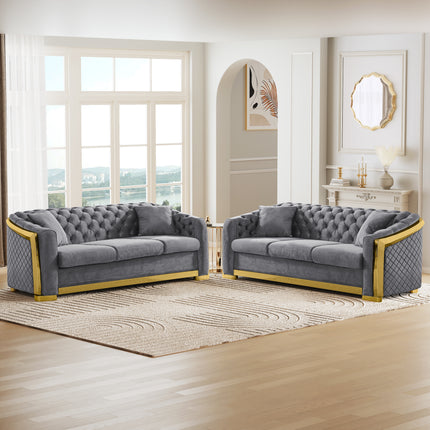 2 Piece Velvet Luxury Chesterfield Sofa Set, 84 Inches Tufted 3 Seat Couch with Gold Stainless for Living Room, Grey Fabric