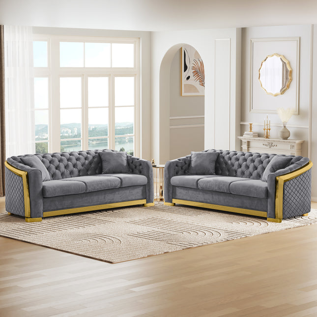 2 Piece Velvet Luxury Chesterfield Sofa Set, 84 Inches Tufted 3 Seat Couch with Gold Stainless for Living Room, Grey Fabric
