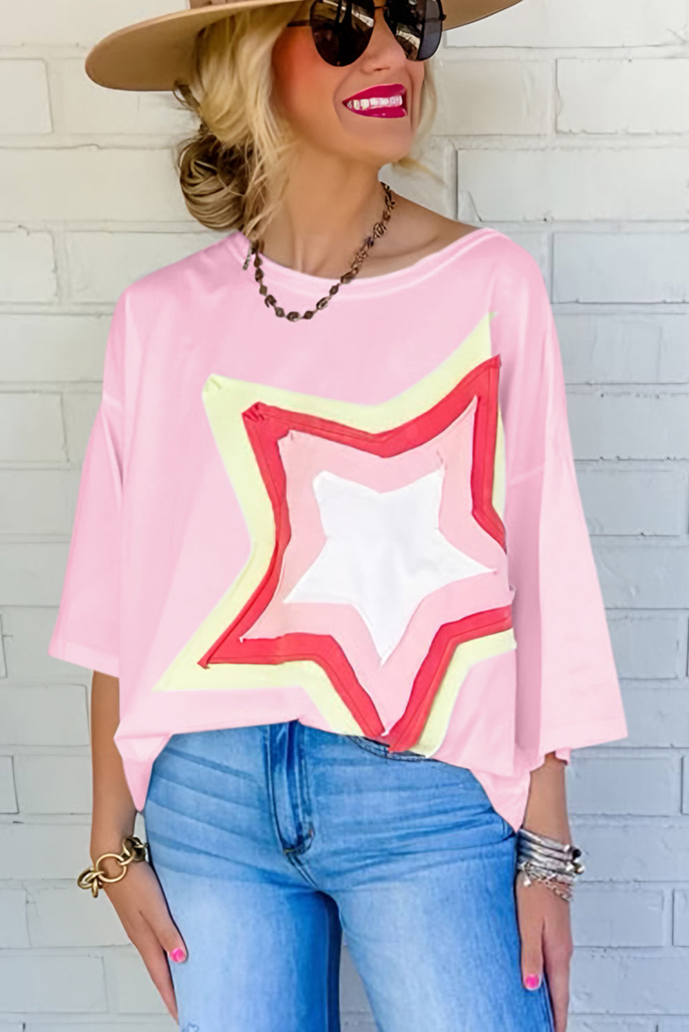 Light Pink Colorblock Star Patched Half Sleeve Oversized Tee - Eloy Royal