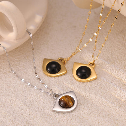 Vintage Natural Tiger-Eye Stone Necklace With Fish Mouth Design Fashion Pendant Clavicle Chain Women's Jewelry