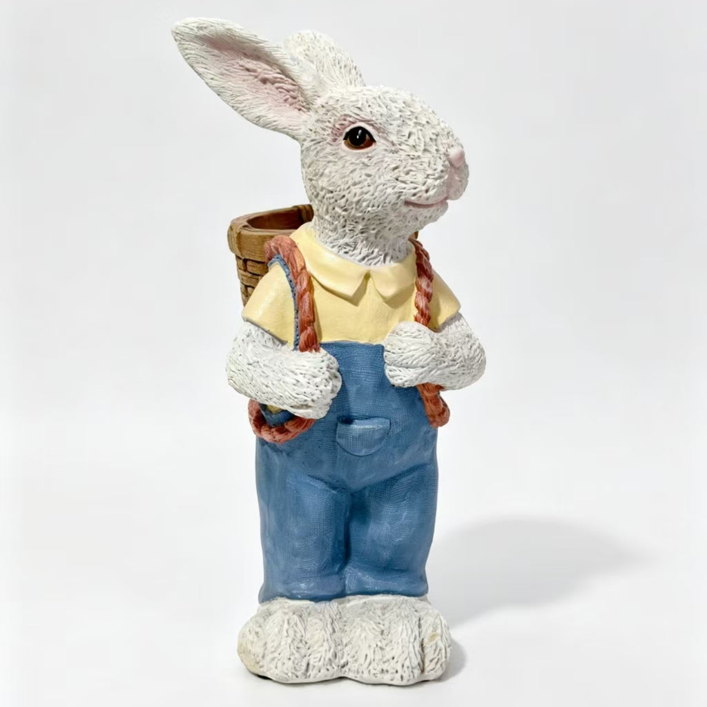 Simulated Couple Rabbit Statue Flower Pot Ornament in Blue and White, Resin Garden Sculpture Decor, 17'' Outdoor Yard Decoration for Home, Patio, or Courtyard
