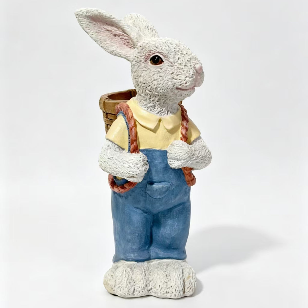 Simulated Couple Rabbit Statue Flower Pot Ornament in Blue and White, Resin Garden Sculpture Decor, 17'' Outdoor Yard Decoration for Home, Patio, or Courtyard