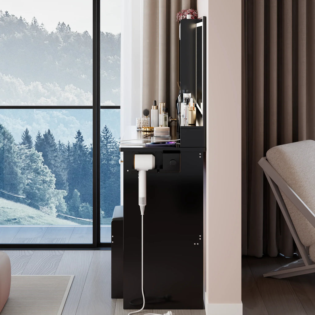 41' Large Size Left Drawer Desktop Vanity Table+Cushioned Stool Dresser Set, 2 AC+2 USB Power Station, Hair Dryer Stand, Extra Large Touch Control LED Mirror, 3-color Switch, EPA, GCC, UL Certificate - Eloy Royal