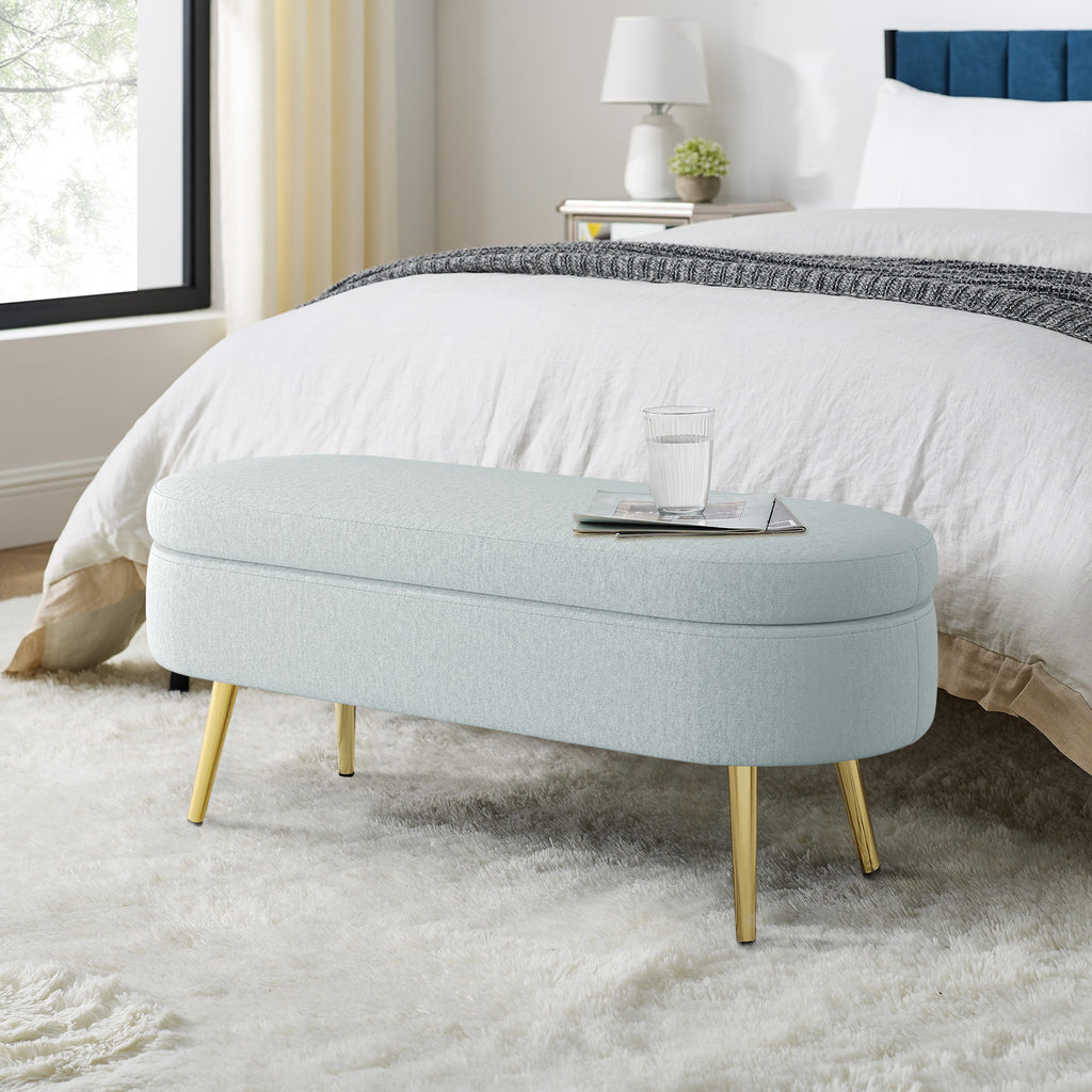 Ottoman Oval Storage Bench, Flannel with Metal Legs-Cyan(43.5'x16'x16')