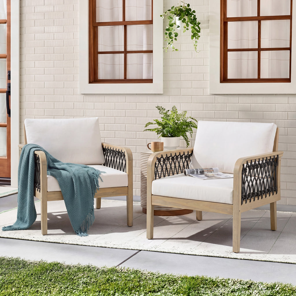 Outdoor Acacia Wood Club Chair with Handwoven Rope(Set of 2), Light Teak Finish