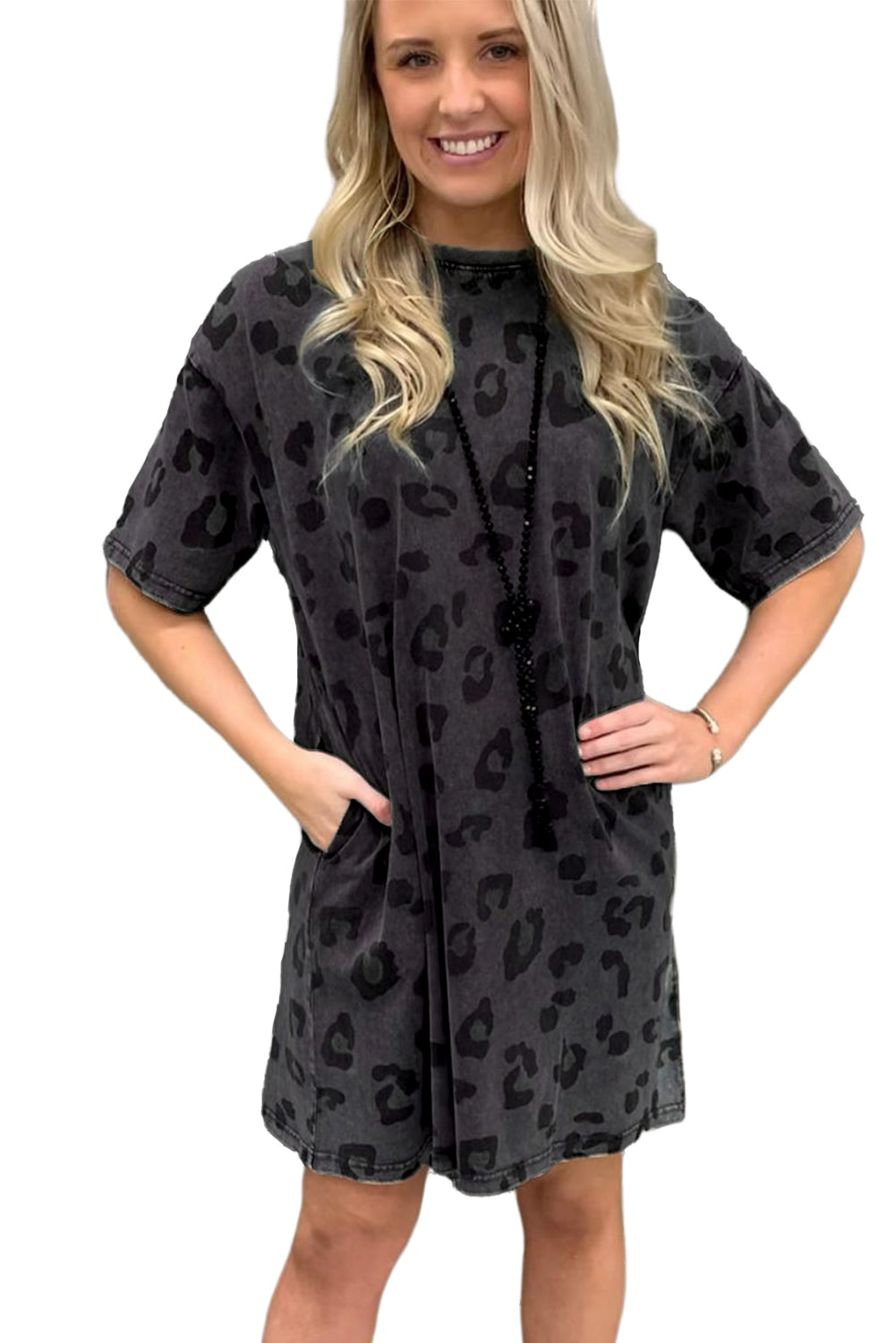 Gray Short Sleeve Casual Leopard Print Dress With Pockets - Eloy Royal