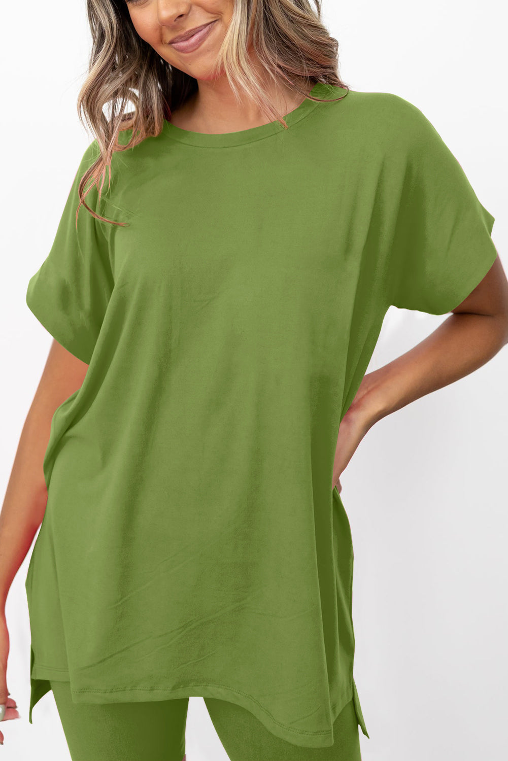 Spinach Green Solid Split Hem Tunic Tee and Tight Shorts Set - Eloy Royal