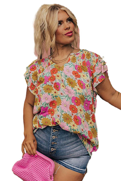 Multicolour Plus Floral Notched Neck Ruffle Sleeve Blouse - Eloy Royal