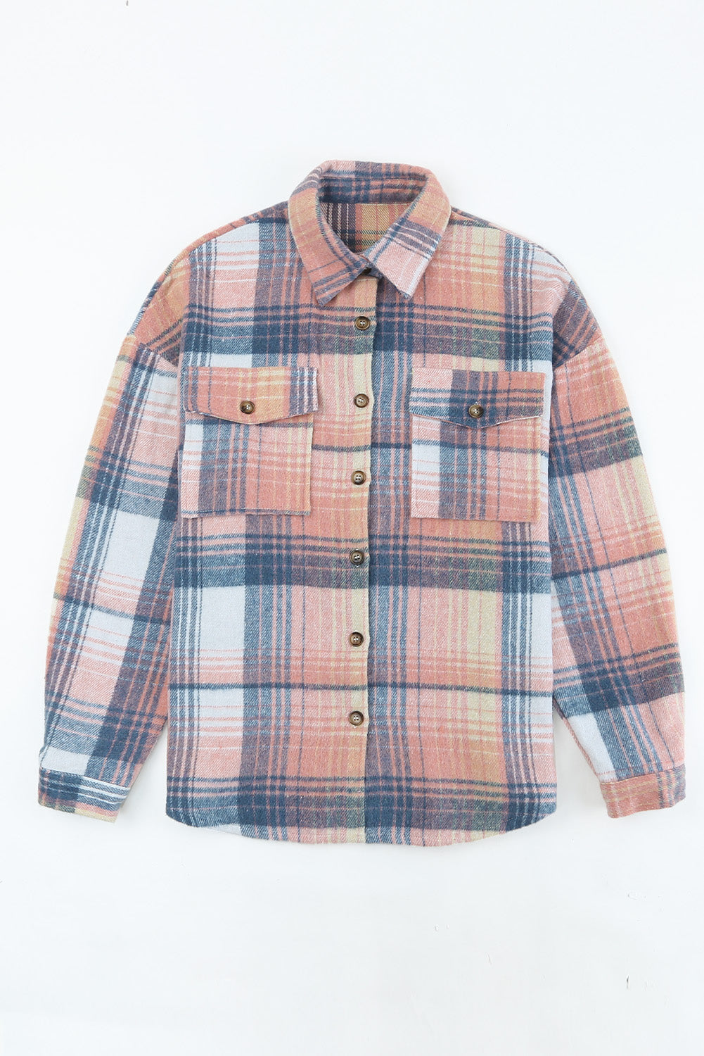 Pink & Grey Plaid Button Up Collared Flannel Shacket - Eloy Royal