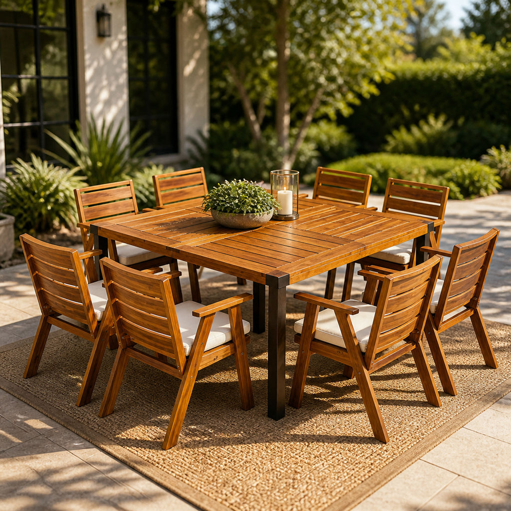 9‑Piece Acacia Wood Outdoor Dining Set, 64' Square Teak Finish Wooden Table & 8 Arm Chairs with Beige Cushions, Slatted Back Patio Furniture for Backyard, Garden, Deck