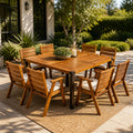 9‑Piece Acacia Wood Outdoor Dining Set, 64' Square Teak Finish Wooden Table & 8 Arm Chairs with Beige Cushions, Slatted Back Patio Furniture for Backyard, Garden, Deck