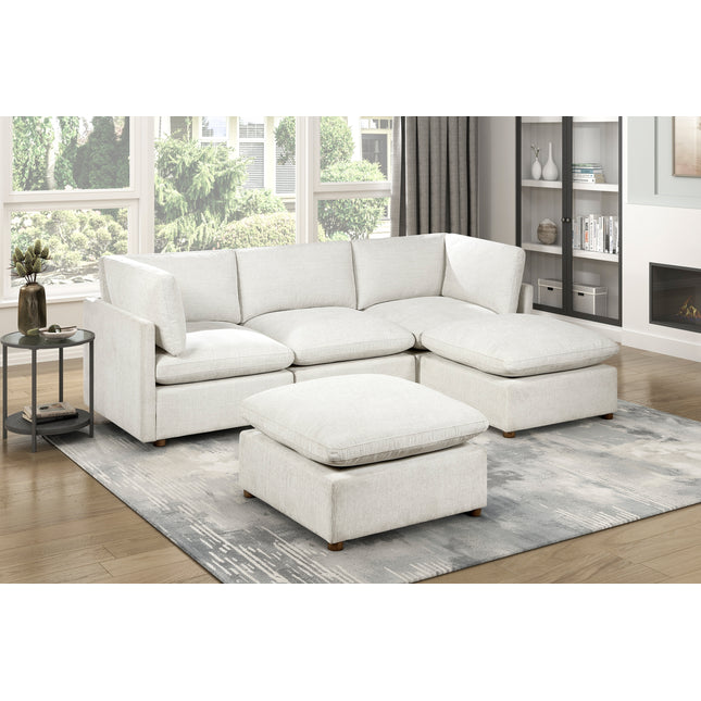 Modern Modular 5-Piece Sectional with Two Ottoman Beige Fabric Upholstered Durable Solid Wood Living Room Furniture