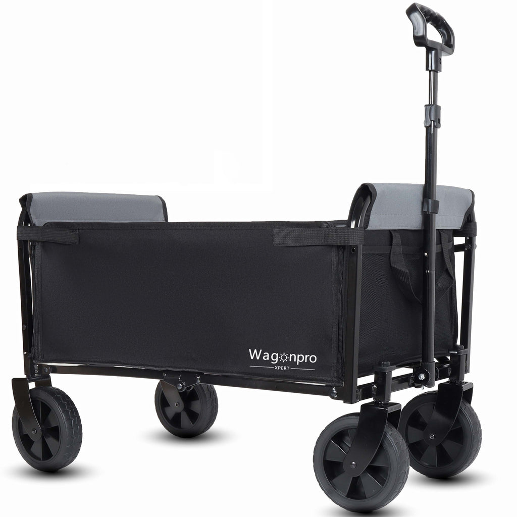 All-in-One Convertible Folding 4-Wheel Trolley with Bench Seat and Dog Leash - Heavy Duty Foldable Utility Trolley for Camping, Beach, Shopping - Versatile Seating and Storage Space, Black/Gray
