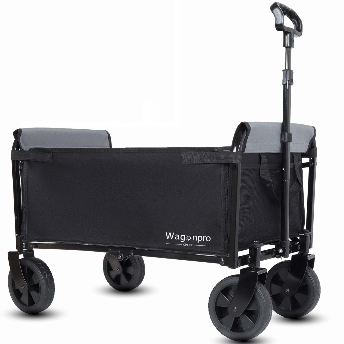 All-in-One Convertible Folding 4-Wheel Trolley with Bench Seat and Dog Leash - Heavy Duty Foldable Utility Trolley for Camping, Beach, Shopping - Versatile Seating and Storage Space, Black/Gray