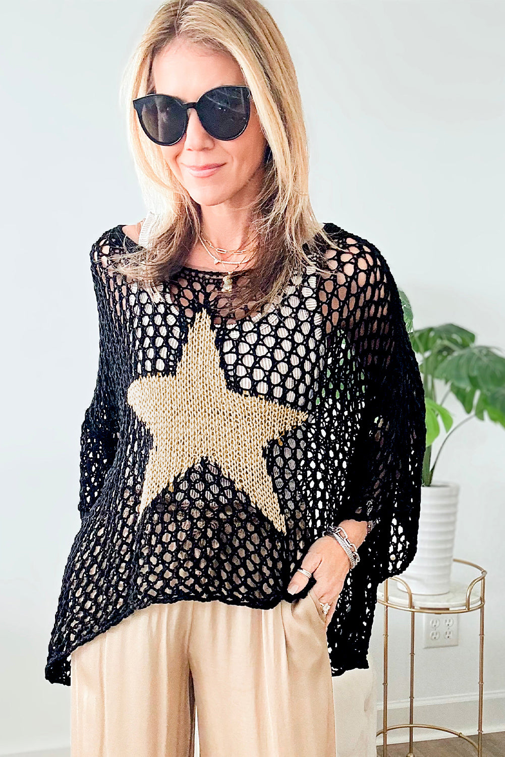 Black Star Hollow Knitted Oversized Summer Tee - Eloy Royal