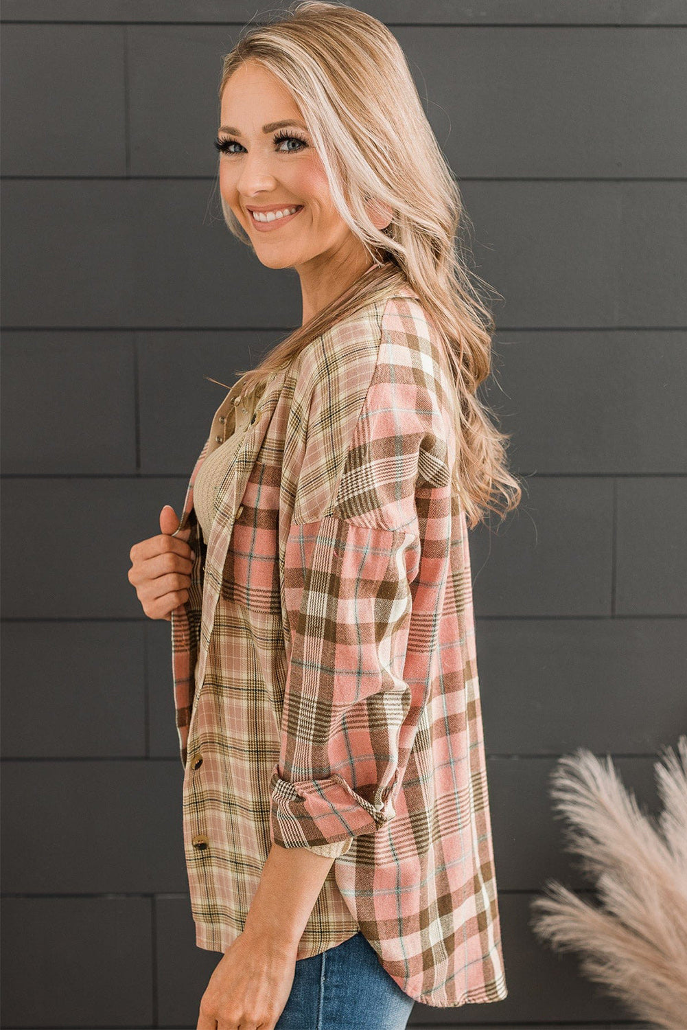 Pink Plaid Plus Size Color Block Long Sleeve Shirt with Pocket - Eloy Royal