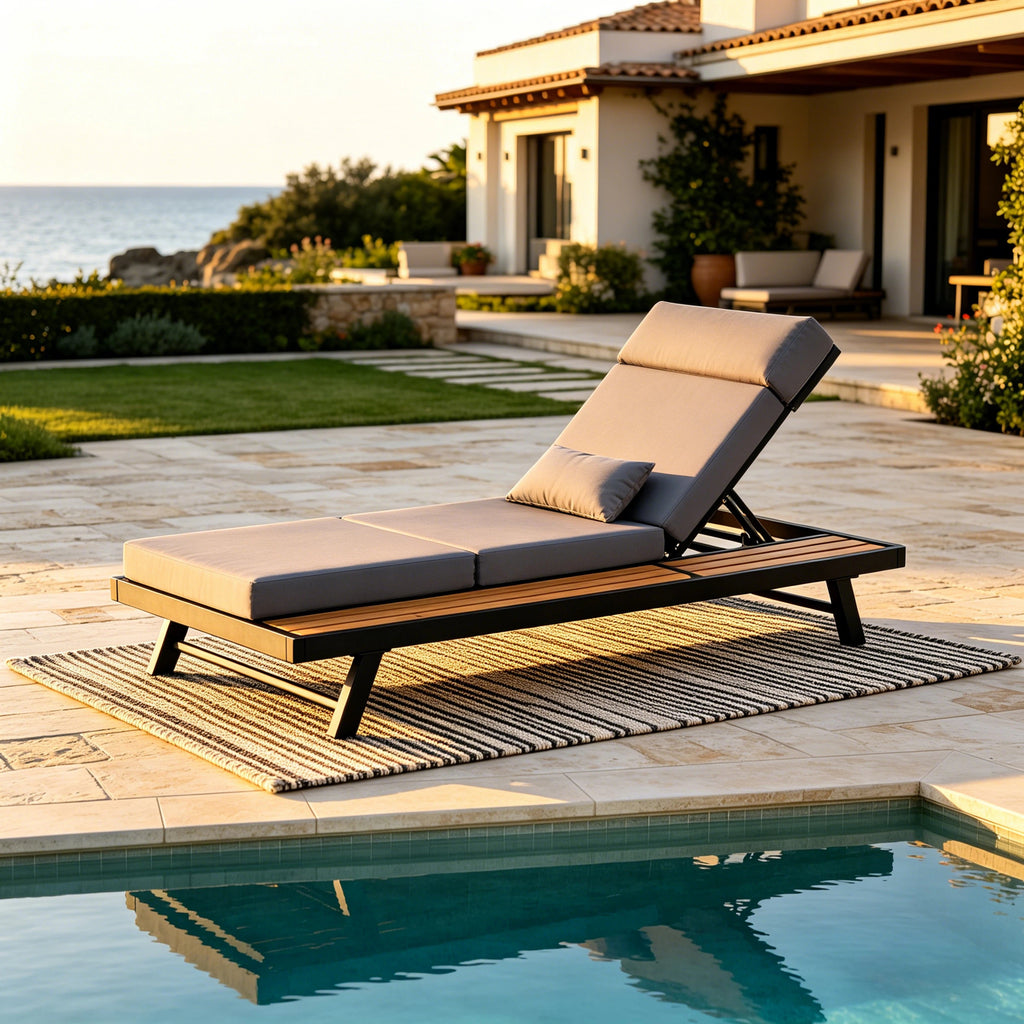 Black Iron + Teak Finish Outdoor Chaise Lounge Set with Dark Grey Cushion, 4' Thick 4-Fold Water-Resistant Cushion with Headrest, Adjustable Backrest with Flat Storage Surface for Patio Poolside
