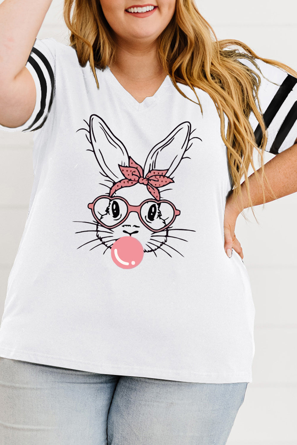 White Easter Bunny Varsity Striped Sleeve Plus Size Graphic Tee - Eloy Royal