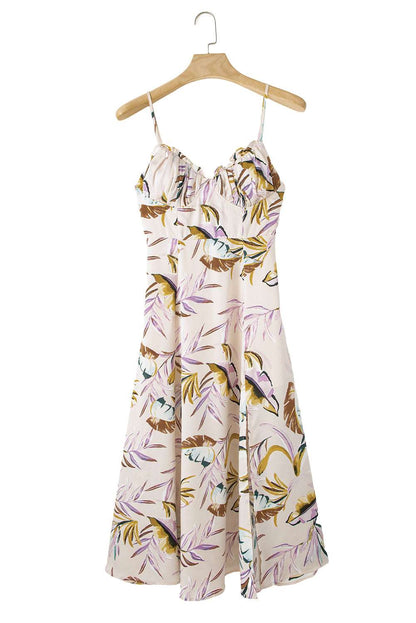 Apricot Tropical Print Spaghetti Straps Cupped Dress