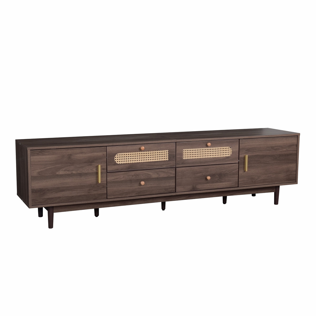 Modern Chic 76' TV Stand with Drawers for Living Room or Bedroom, Dark Brown Rattan Accent Entertainment Center for TVs Up to 85 Inches, Solid Wood Legs and MDF Construction