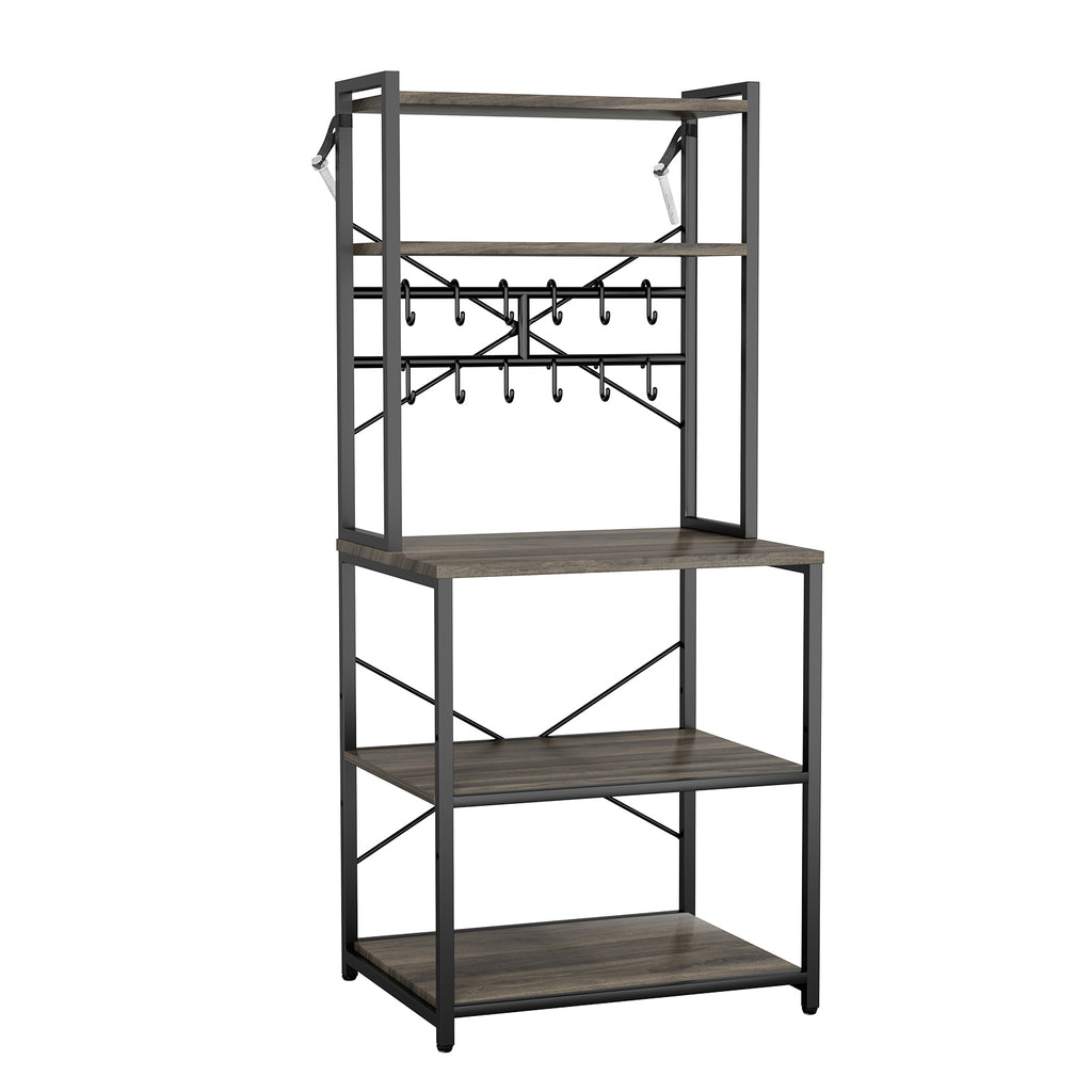 Kitchen Bakers Rack, 23.6 inch Width Bakers Rack, Kitchen Stand with X-Shaped Support Bar, 12 S-Shaped Hooks, Double-Layer Top Shelf, Coffee Bar Stand for Dishes & Bowls, Spice Bottles