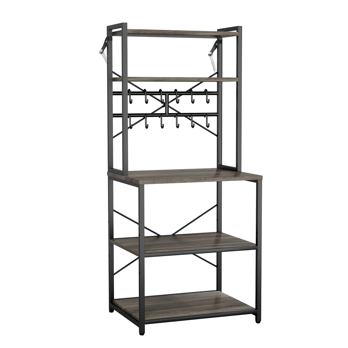 Kitchen Bakers Rack, 23.6 inch Width Bakers Rack, Kitchen Stand with X-Shaped Support Bar, 12 S-Shaped Hooks, Double-Layer Top Shelf, Coffee Bar Stand for Dishes & Bowls, Spice Bottles