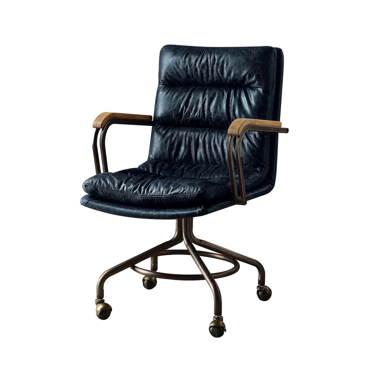 Harith II Vintage Blue Top Grain Leather Office Chair with Padded Back and Armrests and Swivel Seat