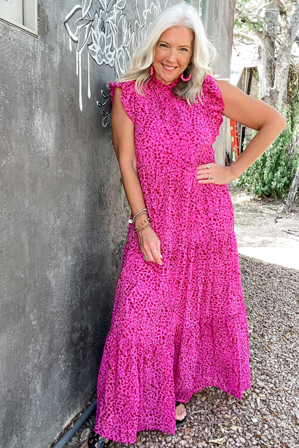 Rose Red Leopard Print Ruffle Sleeveless Maxi Dress - Eloy Royal