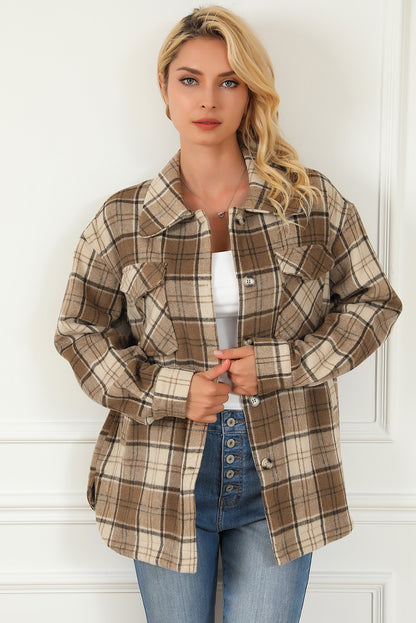 Brown Plaid Print Chest Pockets Shacket - Eloy Royal