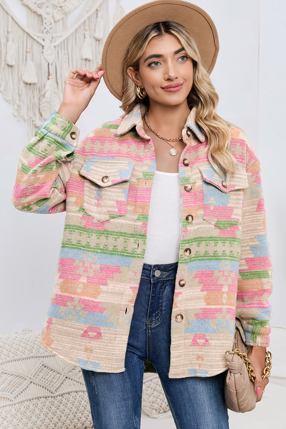 Multicolor Button Up Flap Pockets Geometric Jacket for Women - Eloy Royal