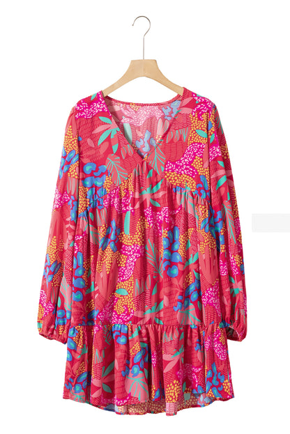 Rose V Neck Bubble Sleeve Boho Flower Flowy Dress - Eloy Royal