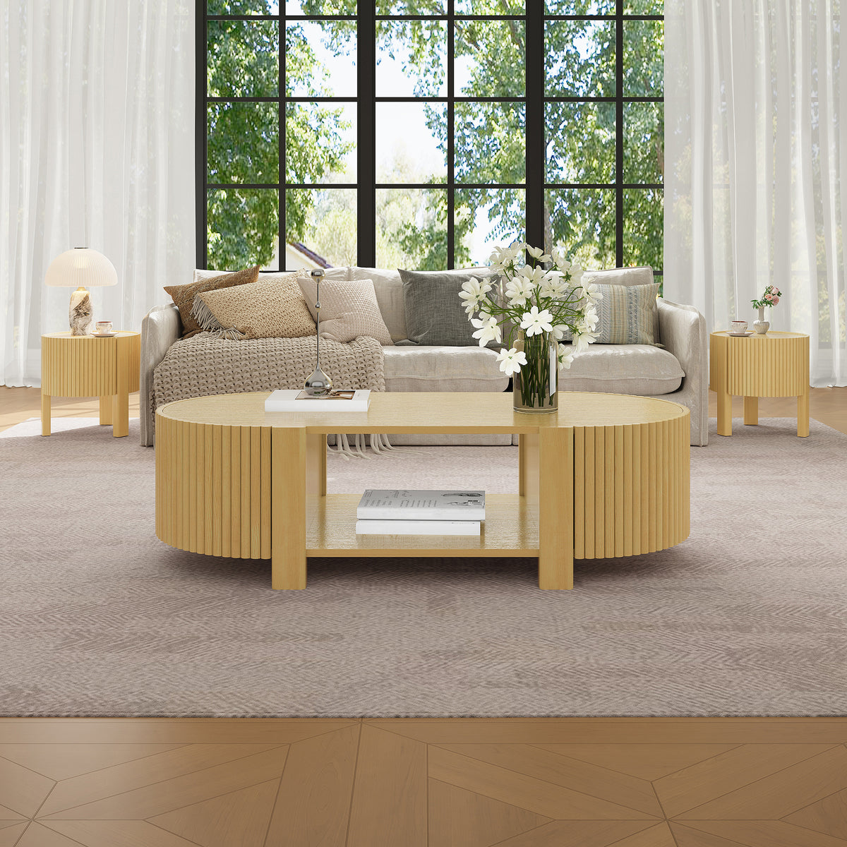 Living room table set of 3 with 1 coffee table and 2 side tables, Rubber solid Wood, Soft-close door, Natural, 47'