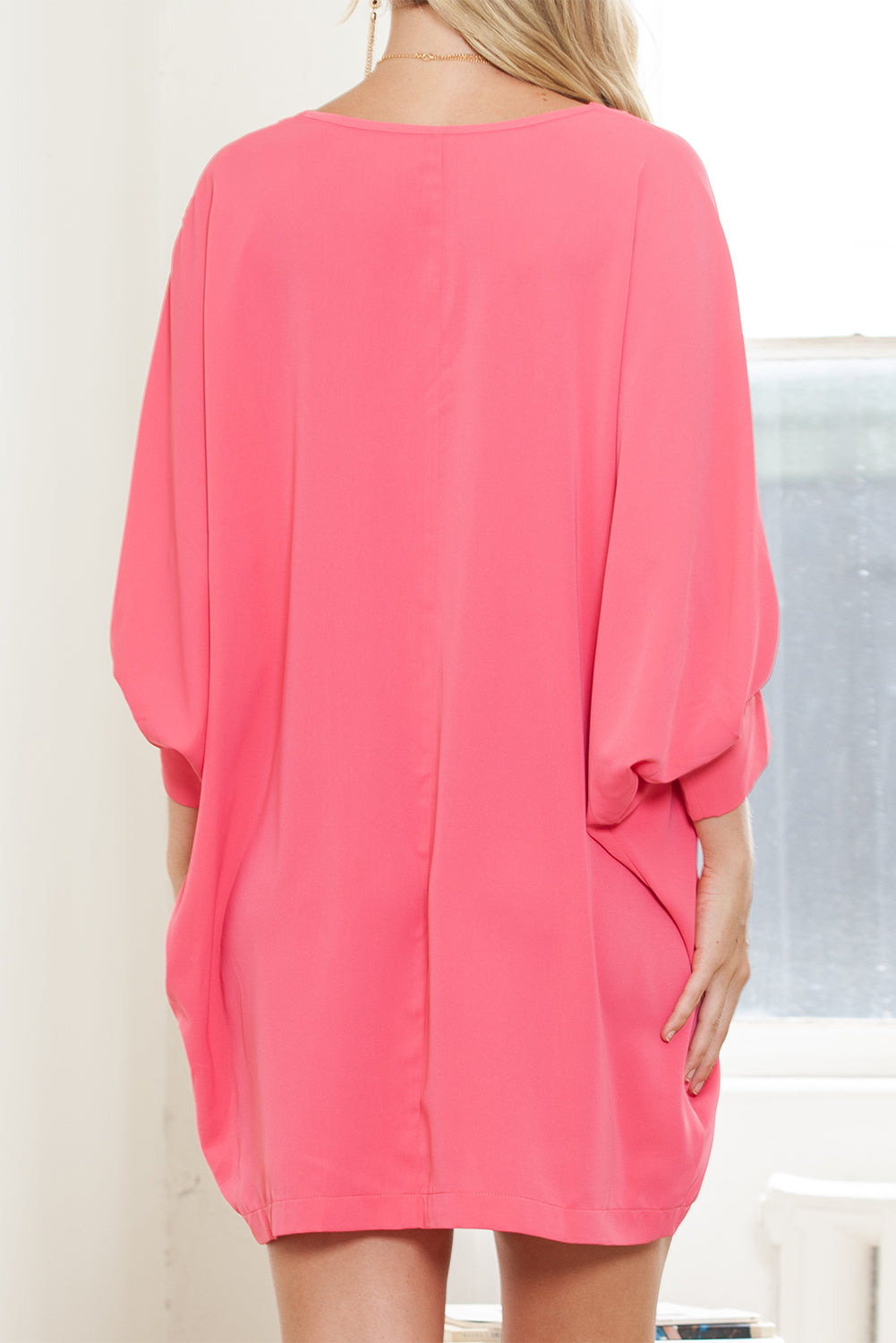 Strawberry Pink Solid Color V Neck 3/4 Sleeve Dress - Eloy Royal