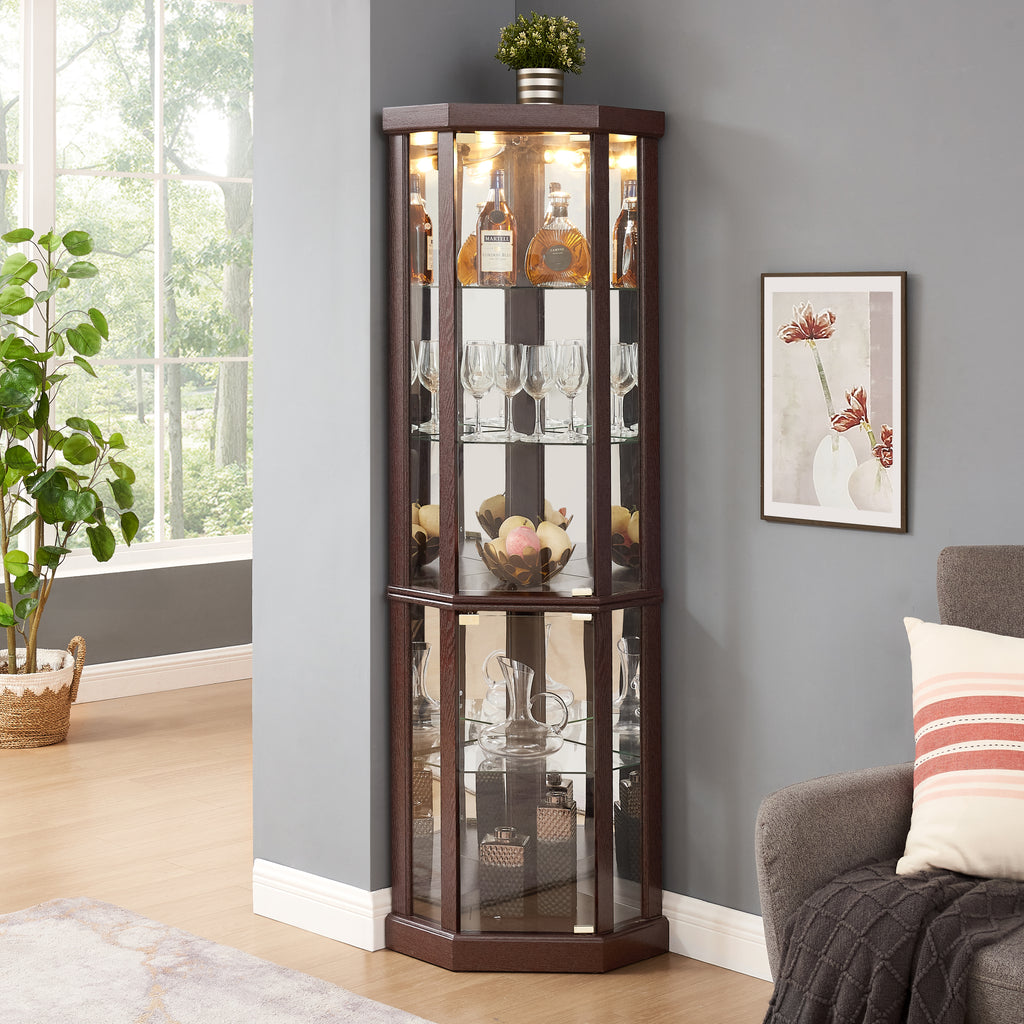 Lighted Corner Curio Cabinet - Elegant Glass Display Case for Living Room & Bar Storage - Perfect for Antique Collections & Wine - Includes Built-in Lighting - Dark Cherry
