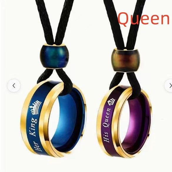 Creative Color Changing Round Beads Blue Purple Couple Couple Rings Necklace