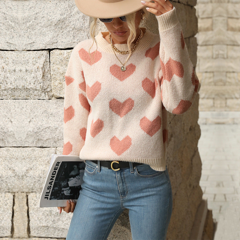 Fashion Love Print Knitting Sweater Casual Pullover Long-sleeved Top Womens Clothing