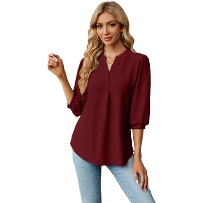 Solid Color Lace Collar Jacquard Long Sleeve Loose-fitting T-shirt Top