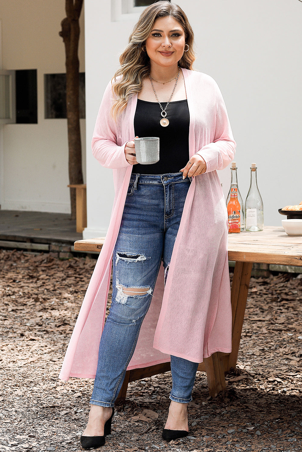 Pink Sheer Knitted Long Side Slit Plus Size Cardigan - Eloy Royal