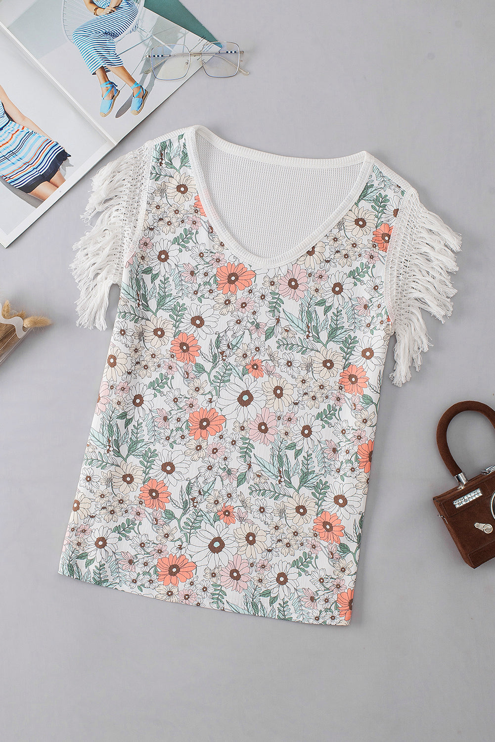 White Boho Floral Print Fringe Shoulder Sleeveless Shirt - Eloy Royal