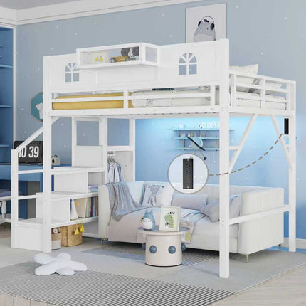 Full Size Loft Bed with Stairs, Metal Full Loft Bed with High and House Shaped Guardrails, High Loft Bed with Wardrobe for Kids Teens, White (Old SKU W2593S00056  )