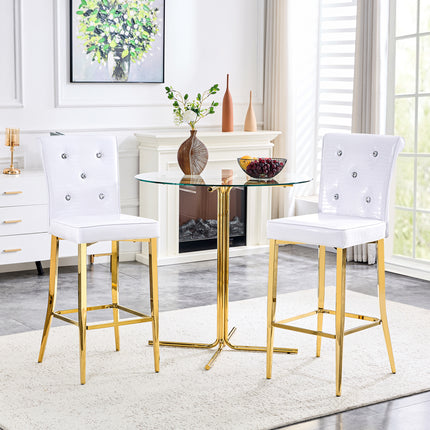 Modern 3-Piece Bar Height Dining Set, Clear Round Glass Table with Gold Metal Base & 2 White Upholstered Bar Stools with Crocodile Pattern, Kitchen Island Breakfast Nook Set