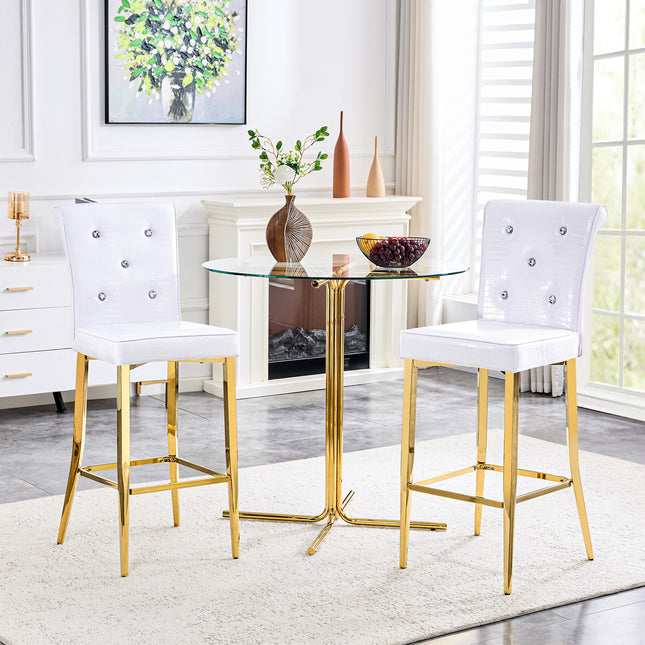 Modern 3-Piece Bar Height Dining Set, Clear Round Glass Table with Gold Metal Base & 2 White Upholstered Bar Stools with Crocodile Pattern, Kitchen Island Breakfast Nook Set