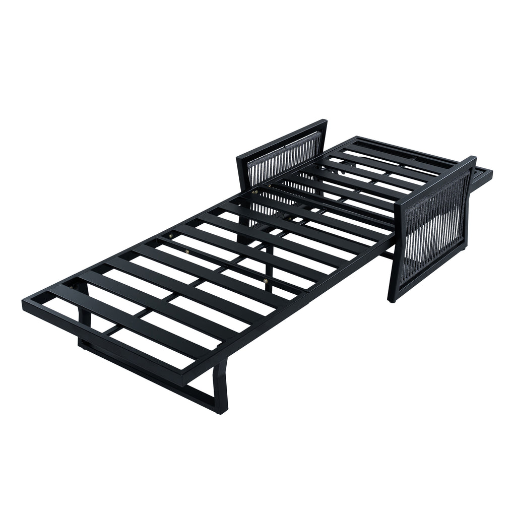 Black Iron Outdoor Chaise Lounger Frame with Black Rope Armrests, Adjustable Reclining Backrest, 400 LBS Weight Capacity, Patio Sun Lounge Frame Without Cushion
