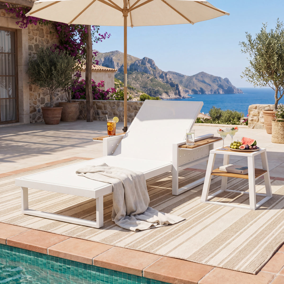 White Iron + Teak Finish 2-Piece Patio Set: Chaise Lounge + Side Table, 400 lbs Textilene Recliner with Foldable Armrests + 30 lbs 2-Tier Acacia Wood Table for Poolside Backyard
