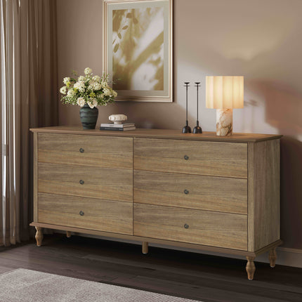 6-Drawer Double Wide Wood Dresser for Bedroom, Light Brown Burnt Wood Finish Storage Chest with Self-Closing Slides, Metal Copper Handles, Solid Wood Roman Column Legs, Anti-Tip Kit Included