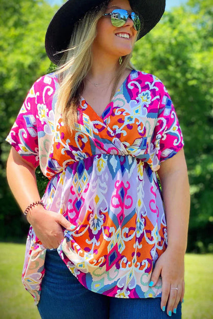 Multicolour Dreamy Abstract Print Wrap V Neck Plus Babydoll Blouse - Eloy Royal