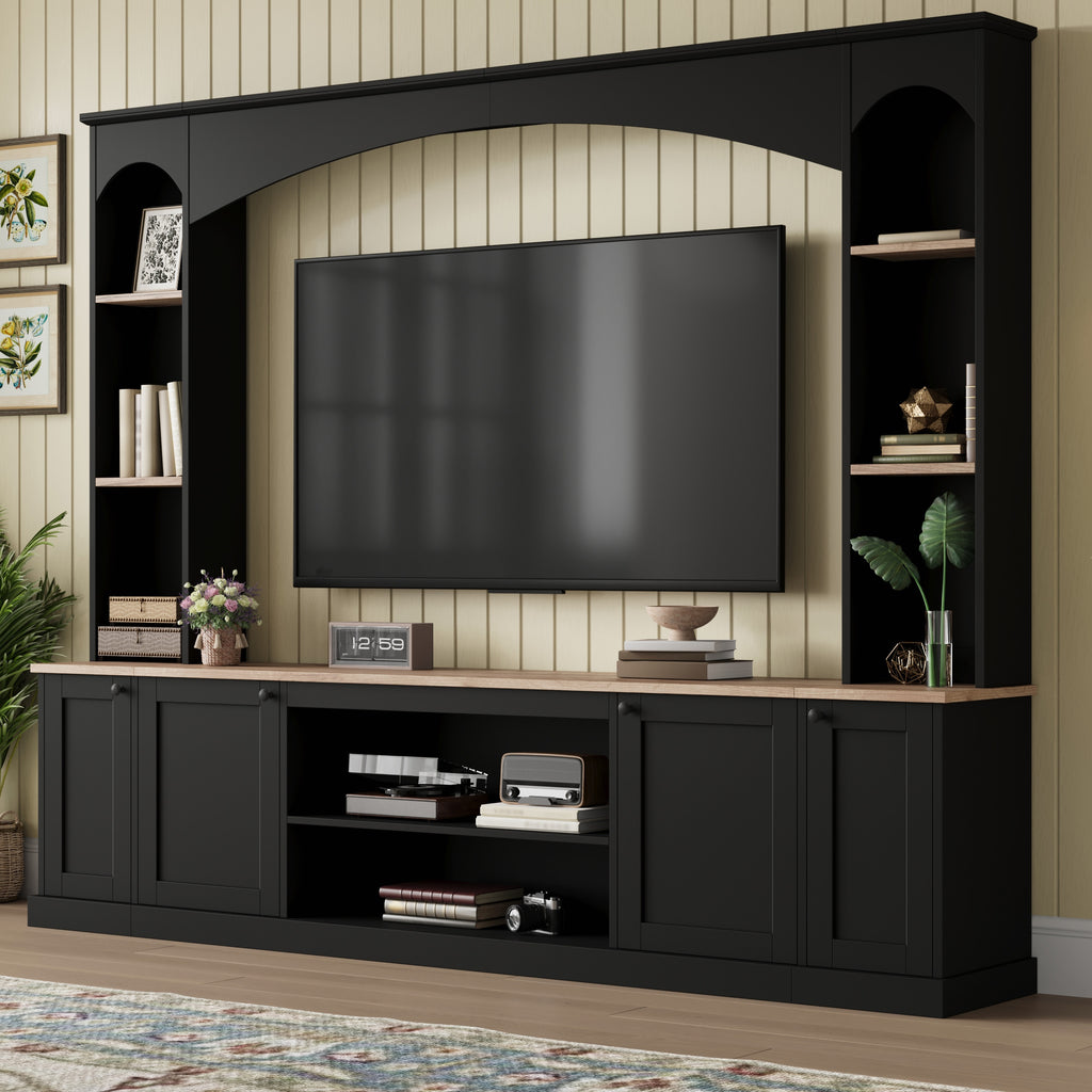 [Assembly Video] Elegant Arched Entertainment Center Wall Unit with Bookshelf, Farmhouse TV Stand with Wood Grain for TVs Up to 70', 91inch Media Console with Adjustable Shelves for Living Room, Black