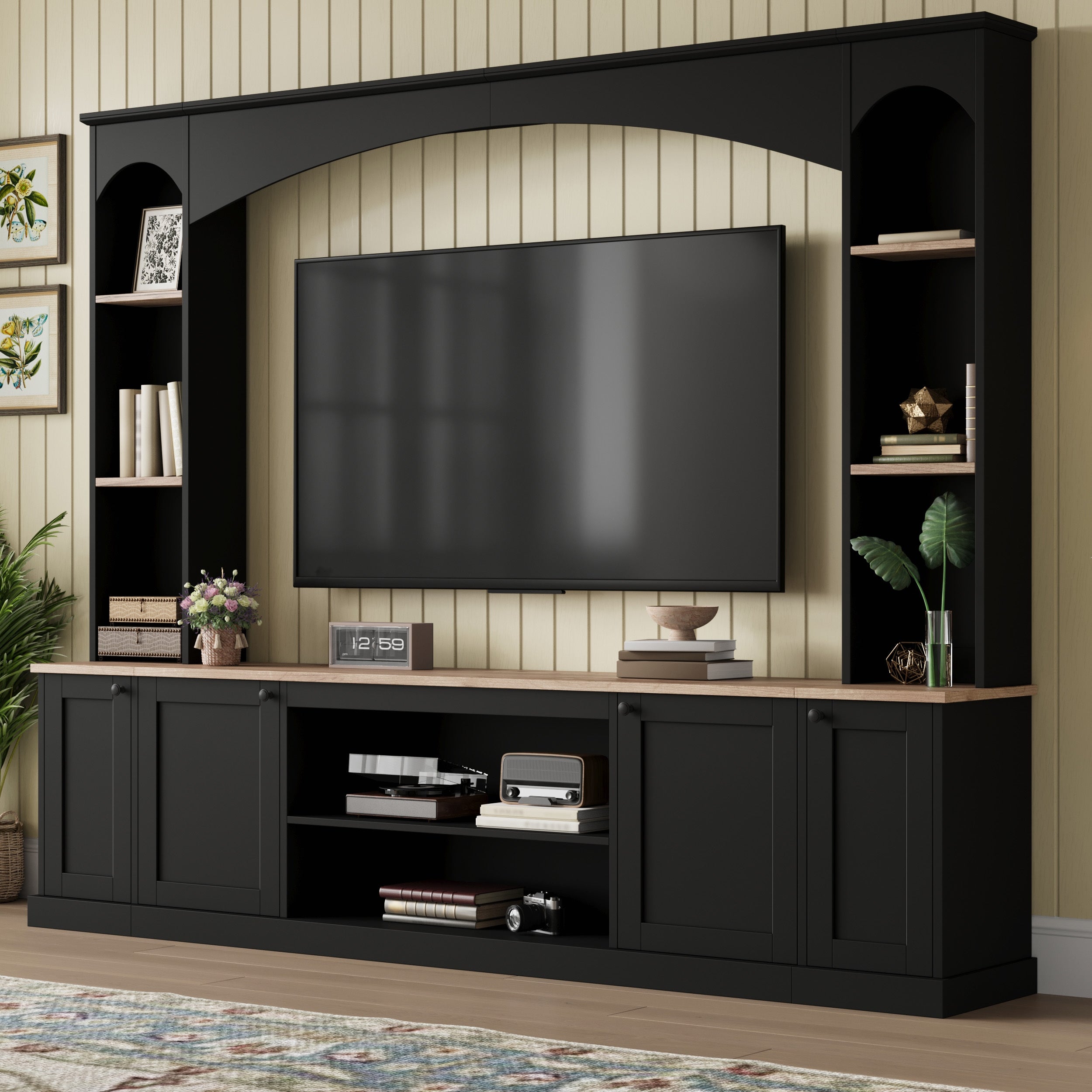 [Assembly Video] Elegant Arched Entertainment Center Wall Unit with Bookshelf, Farmhouse TV Stand with Wood Grain for TVs Up to 70', 91inch Media Console with Adjustable Shelves for Living Room, Black